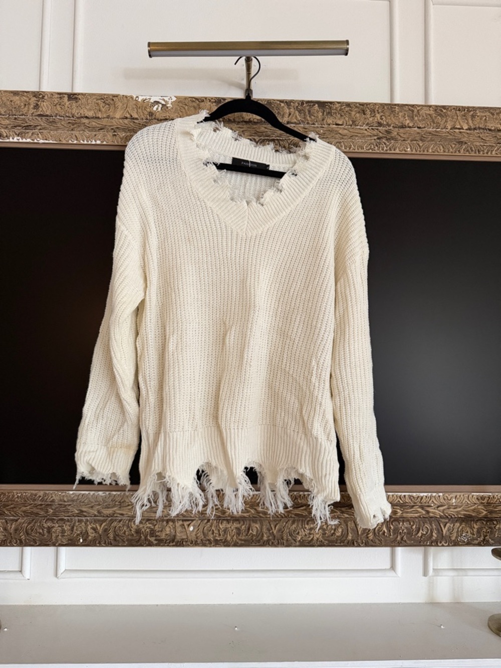 Women's Cream Distressed V-Neck Sweater